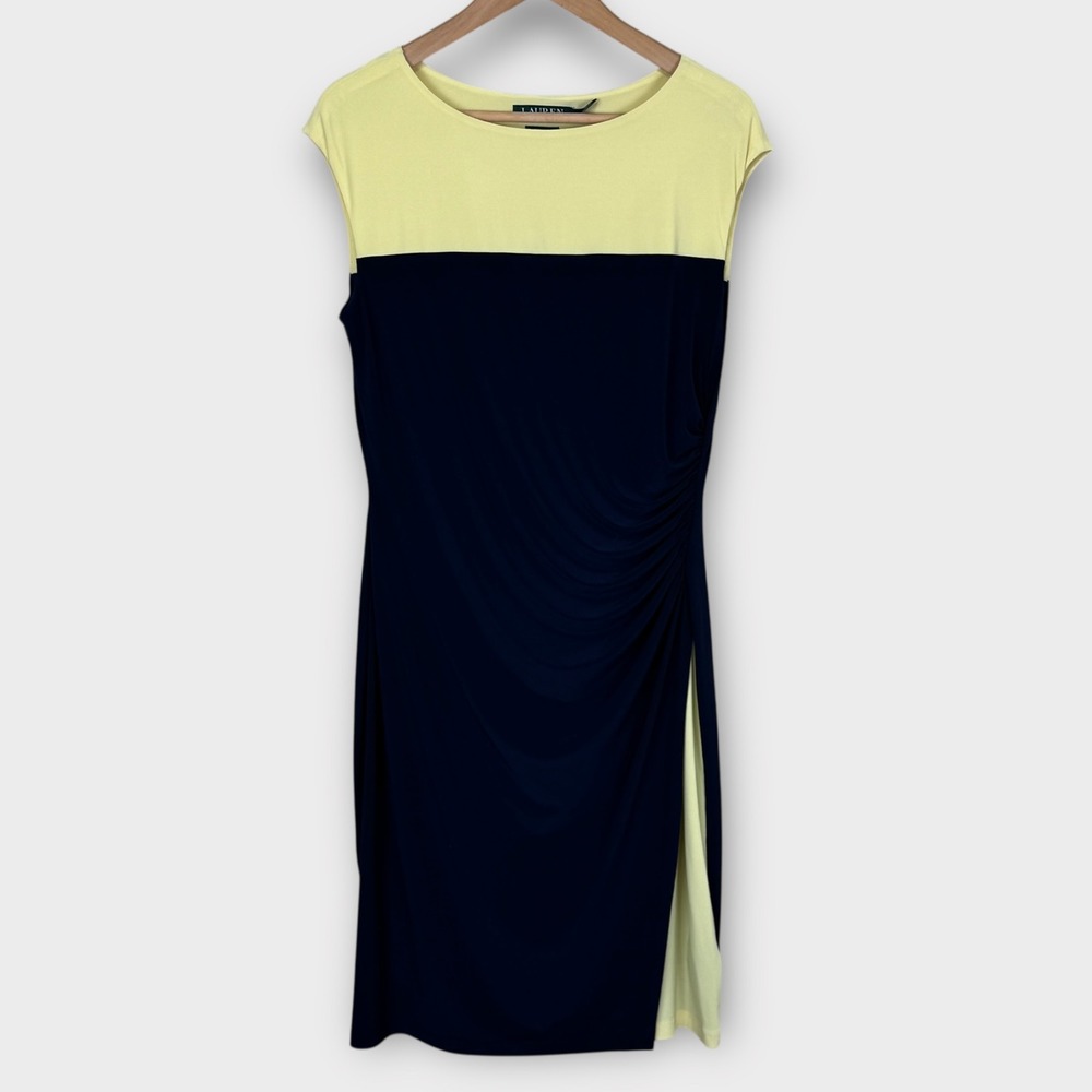 Lauren‎ Ralph Lauren Colorblock Ruched Sheath Dress Women's Size 12 Navy Yellow